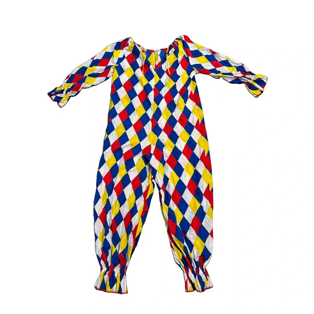 Vintage Hand Sewn Clown Costume One Piece Adult Multicolor Striped Pom